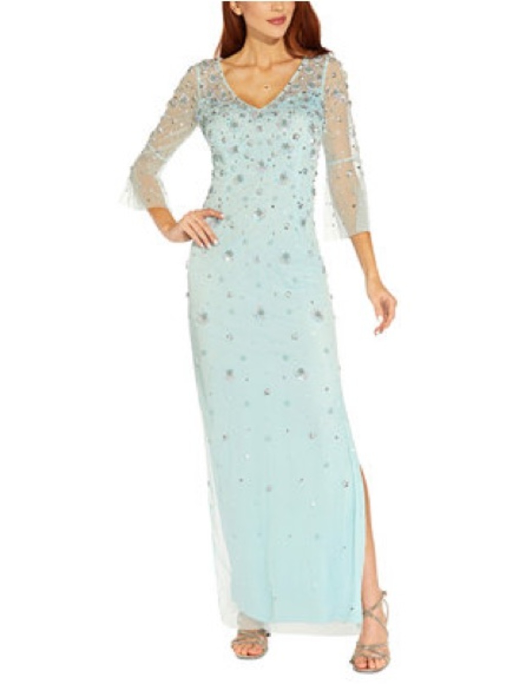 NWT Adrianna Papell Light Blue Floral Beaded Bell Sleeve Gown Size 10